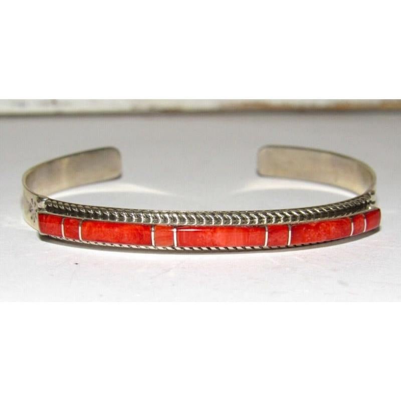Zuni Red Spiny Inlay Stacker Cuff Bracelet Sterling Native American Signed (1 of 5)