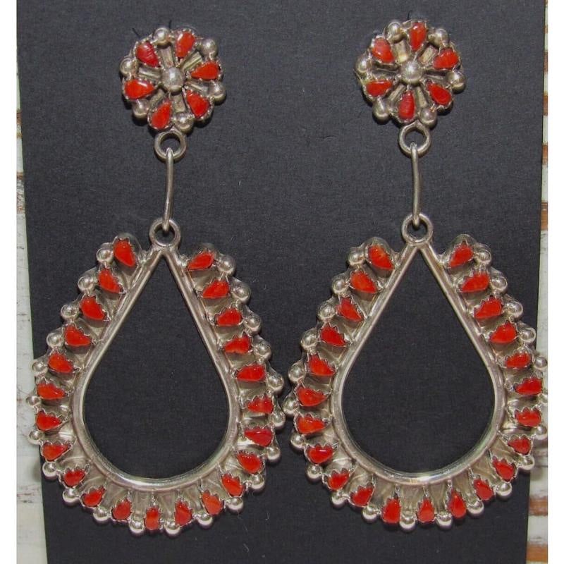 VTG Zuni Snake Eye Coral Dangle Earrings Sterling Silver Native American (1 of 4)