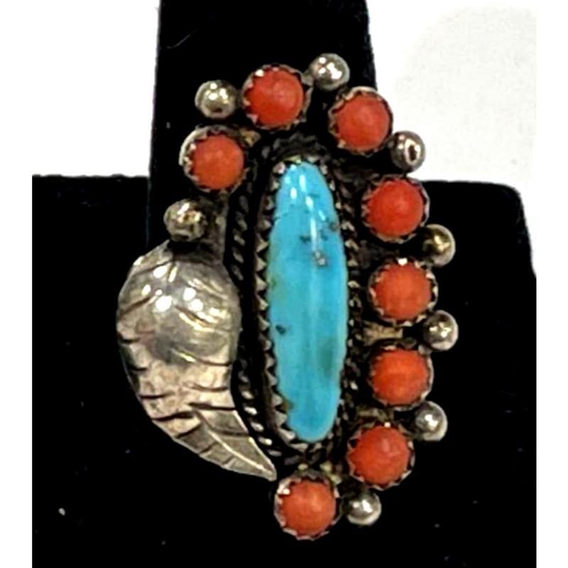 Old Pawn Navajo Turquoise Coral Ring Size 6.5 Sterling Silver Native American (1 of 4)