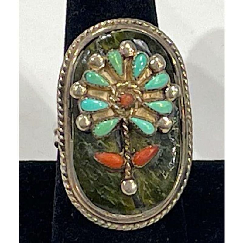 Old Pawn Zuni Turquoise Coral Flower Ring Sz 8.5 Sterling Silver Native American (1 of 4)