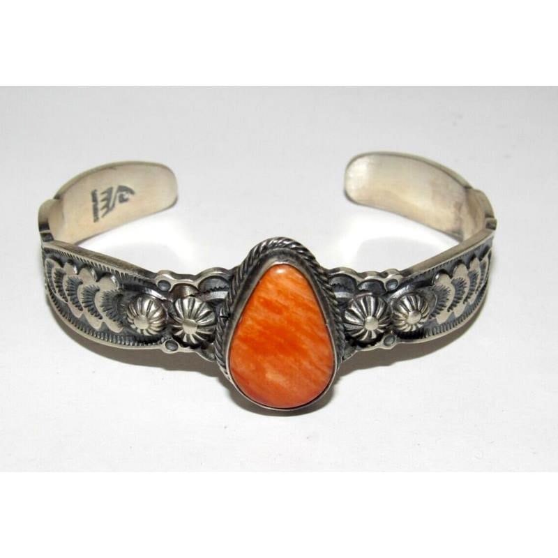 Navajo Orange Spiny Sterling Stacker Cuff Bracelet Ingot Bennie Ramone (1 of 5)