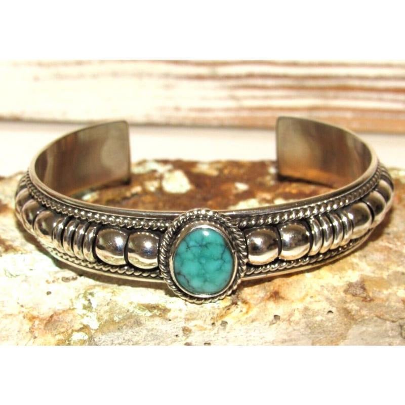 Navajo Sterling Silver Green Kingman Turquoise Cuff Bracelet Thomas Charley (1 of 7)