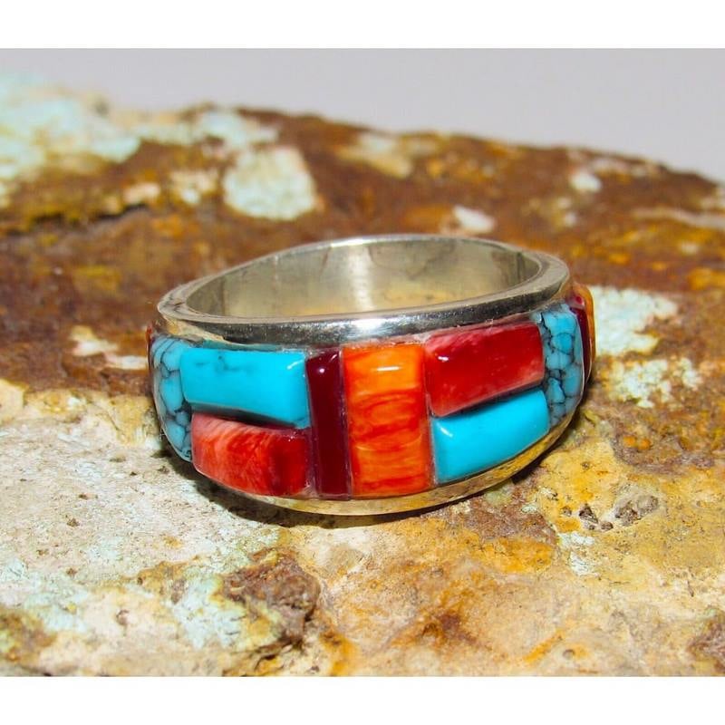 Navajo Turquoise Coral Spiny Cobble Inlay Ring Sz 7 Sterling Silver E. Yazzie (1 of 5)