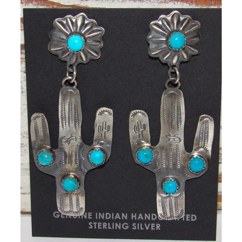 Navajo Saguaro Cactus Earrings Sterling Silver Turquoise Concho Earrings (1 of 4)