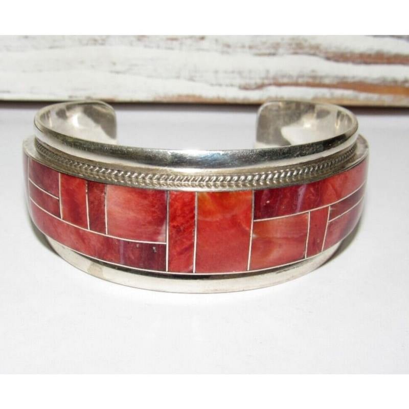 Zuni Red Spiny Inlay Statement Cuff Bracelet Sterling Rick & Glendora Booqua (1 of 7)