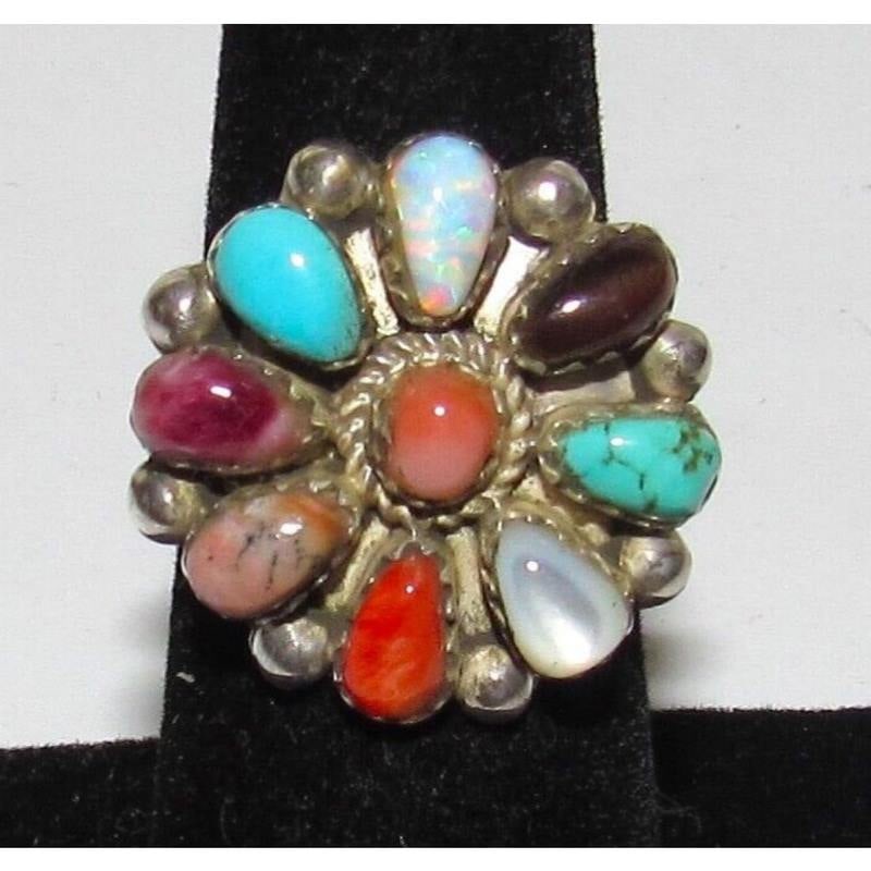 Navajo Turquoise Coral Spiny Opal Cluster Ring Sz 6.5 Sterling M. Apachito (1 of 7)