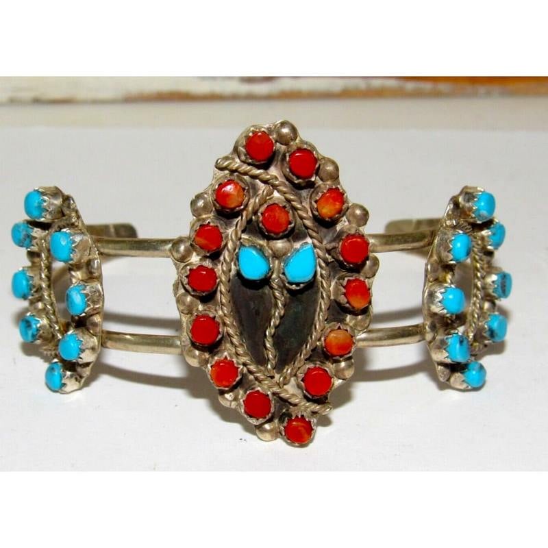 Zuni Snake Eye Turquoise Coral Cuff Bracelet Sterling Silver V. Tsabetsaye (1 of 6)