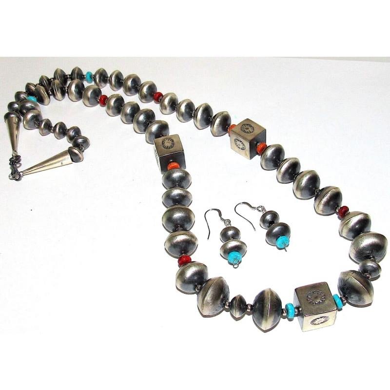 Navajo Pearls Necklace Earrings set sterling silver turquoise spiny oyster T. Nez (1 of 11)