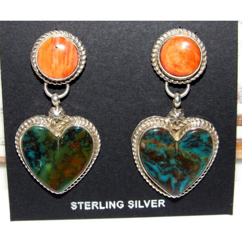 Navajo Turquoise Heart Dangle Earrings Orange Spiny Sterling (1 of 3)