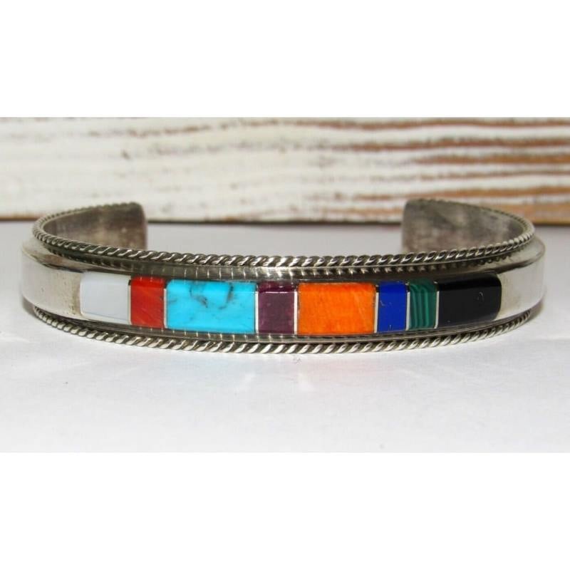 Navajo Turquoise Spiny Inlay Stacker Cuff Bracelet Sterling Native American: Fab Native American Navajo sterling silver, turquoise, orange spiny oyster inlay cuff bracelet. Traditional inlay design in sterling silver. Great as a stacker cuff to add to your collection. The insi