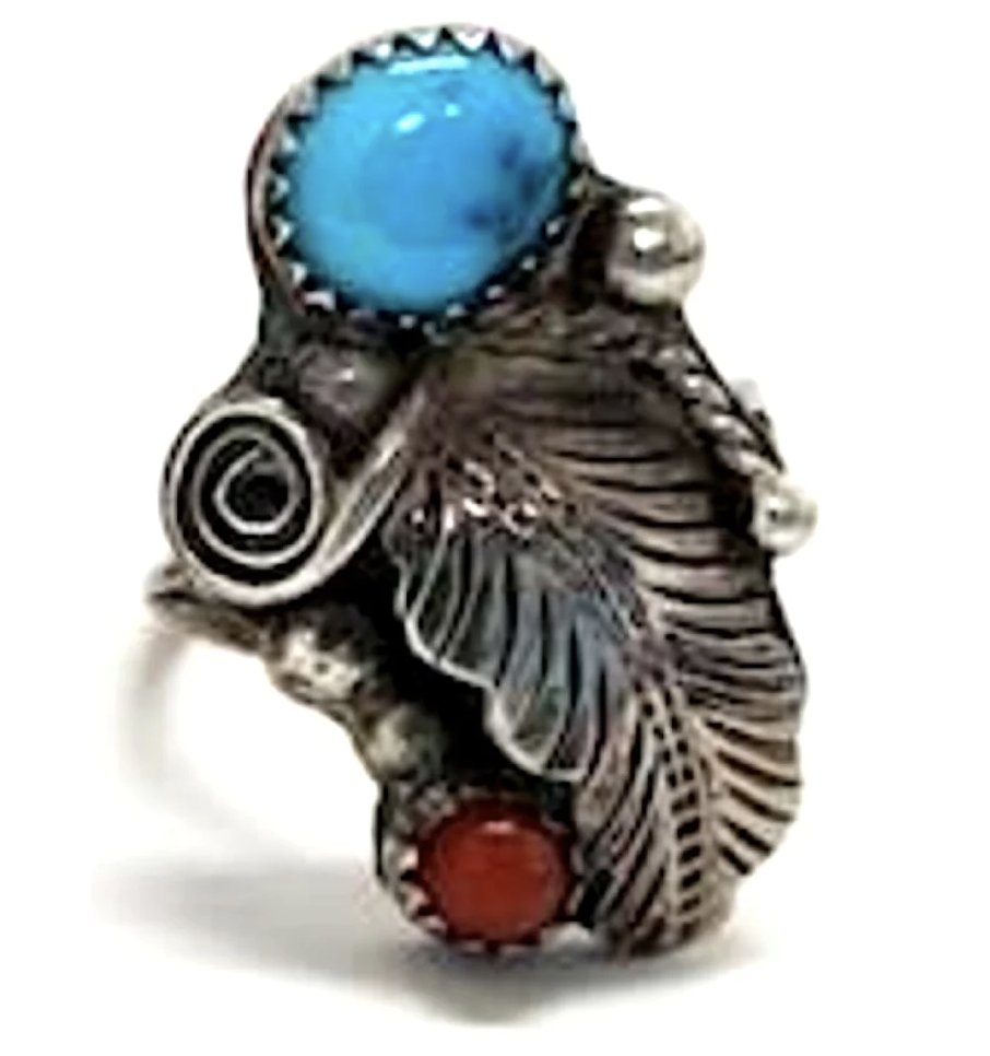 Old Pawn Navajo Turquoise Coral Ring Size 8.5 Sterling Silver Native American (1 of 4)