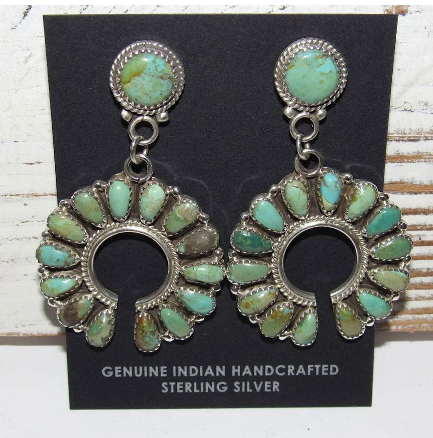 Navajo Green Turquoise Cluster Naja Dangle Earrings Sterling Silver Signed (1 of 3)