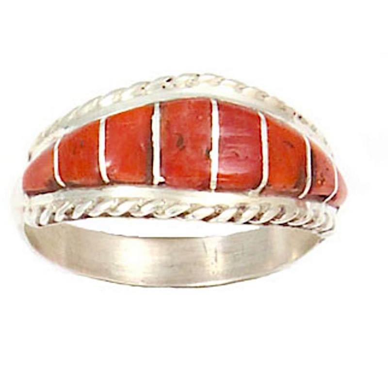 Zuni Coral Inlay Ring Sz 8 Sterling Silver M. Peynesta Native American (1 of 4)