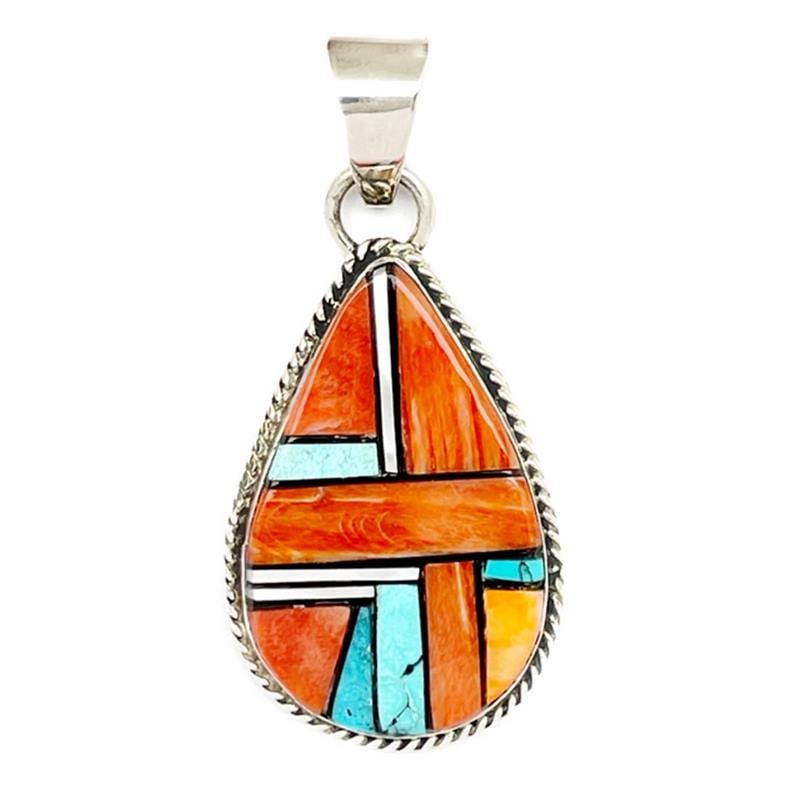 Navajo Orange Spiny Turquoise Inlay Pendant Sterling Silver Germain Tso: Stunning Native American Navajo sterling silver & gorgeous, intricately hand crafted and hand inlaid pendant by the talented Navajo artist Germain Tso.Sterling silver tear drop shape pendant inlaid wi