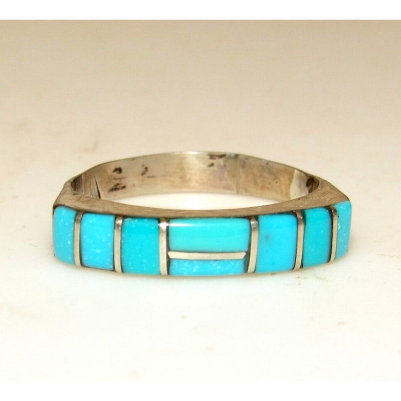 Zuni Turquoise Inlay Ring Sz 8 Sterling Signed Native American (1 of 4)