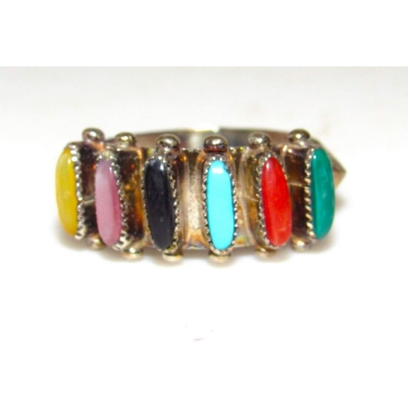 Zuni Petite Point Ring Sz 8.5 Sterling Turquoise Coral Malachite Signed Native (1 of 4)