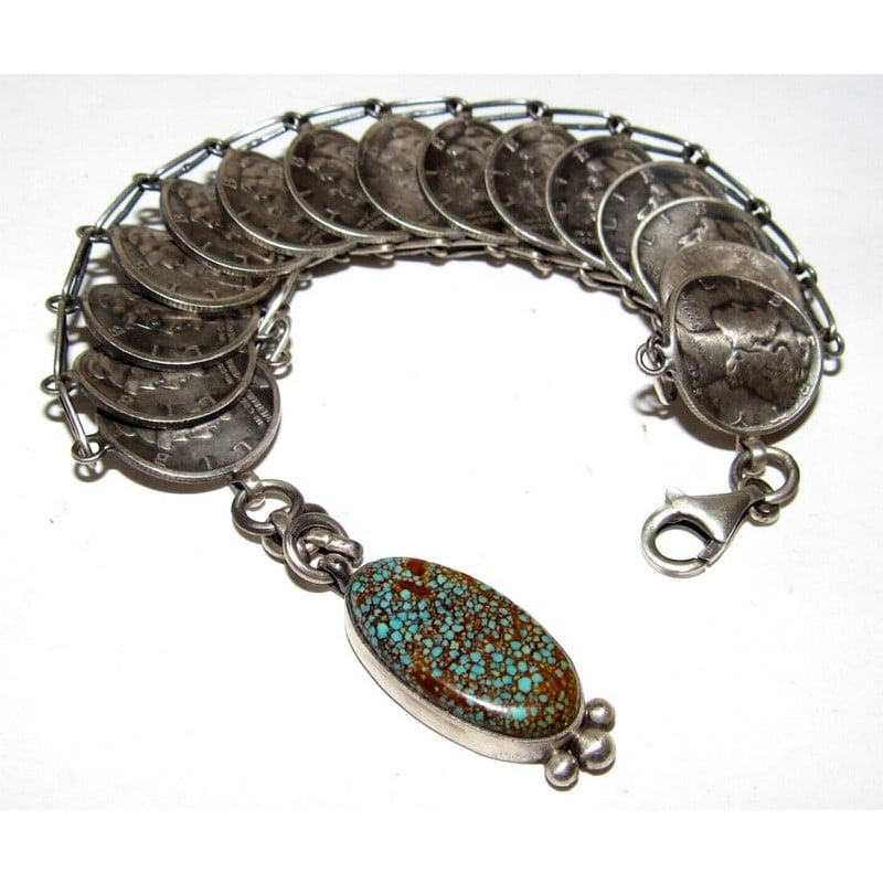 Navajo Number 8 Turquoise Sterling Silver Liberty Dime Bracelet James McCabe (1 of 8)