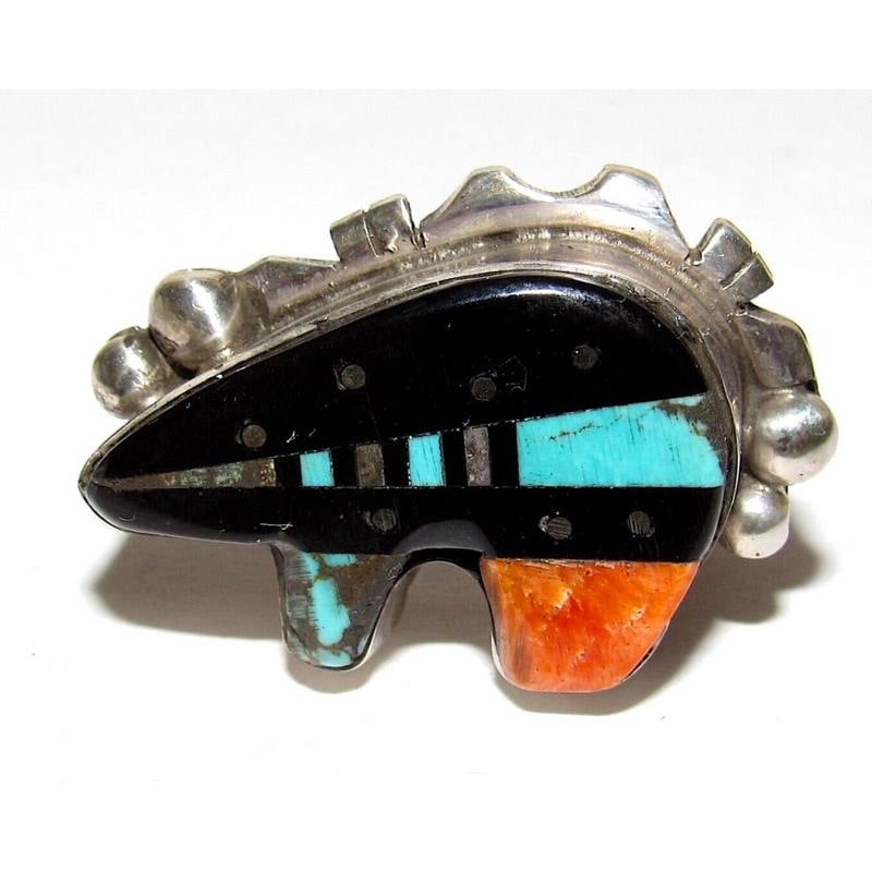 Navajo Ray Jack Turquoise Spiny Jet Inlay Bear Ring Size 7: For your consideration is this fabulous Navajo sterling silver, jet, spiny oyster and turquoise inlay bear ring by the highly collectible Navajo artist Ray Jack in size 7.This fabulous ring features a