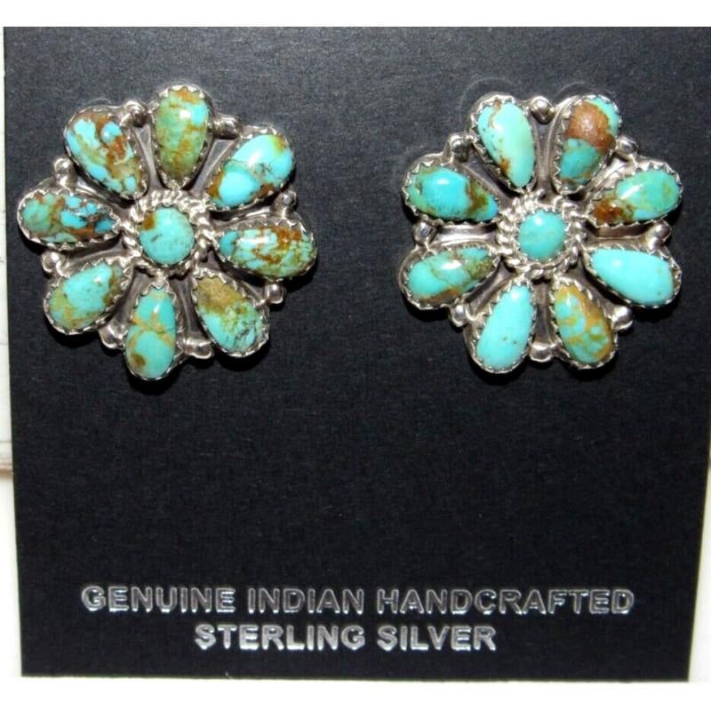 Navajo Turquoise Cluster Earrings Sterling Silver Native American 1": Fab Native American Navajo sterling silver cluster statement post earrings . Measure about 1" in diameter. Marked sterling, signed by the artist. Wonderful, classic Navajo earrings to add to any jewel