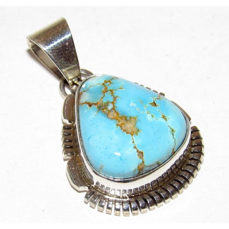 Navajo Golden Hills Turquoise Sterling Silver Pendant N. Jones Native American: Stunning Native American Navajo sterling silver & gorgeous Golden Hills mine turquoise pendant by the Navajo artist Norman Jones. Traditional Navajo design. The pendant measures about 1 1/2", stamped 