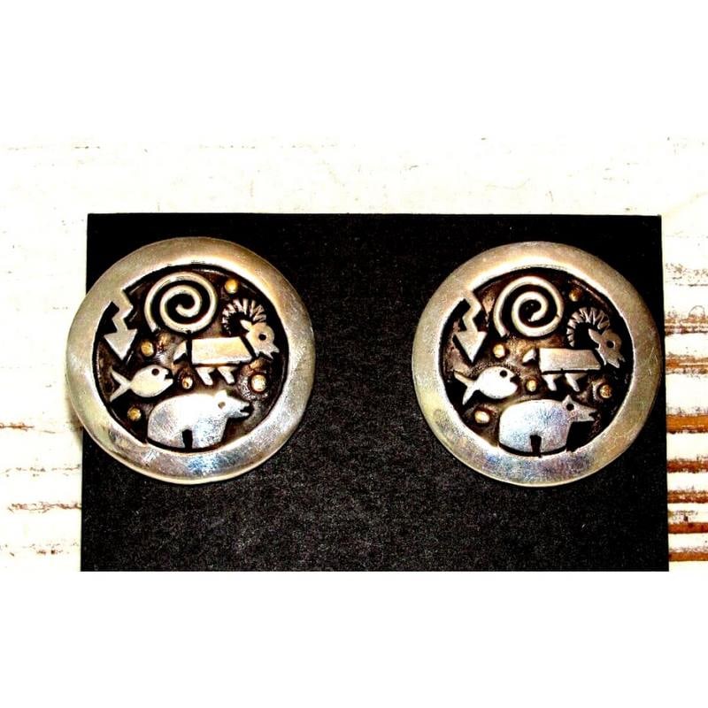 Santo Domingo Petroglyph Stud Earrings Sterling Silver 14K Joseph Coriz Native (1 of 4)