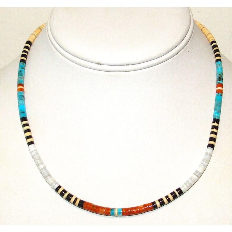 Santo Domingo Rolled Shell Orange Spiny & Turquoise Heishi Choker Necklace 16"L: Stunning Santo Domingo pen shell, orange spiny & Kingman turquoise rolled heishi beads choker necklace with sterling silver clasp by the Santo Domingo artist J. Tenorio. Measures about 16" long. Gorge