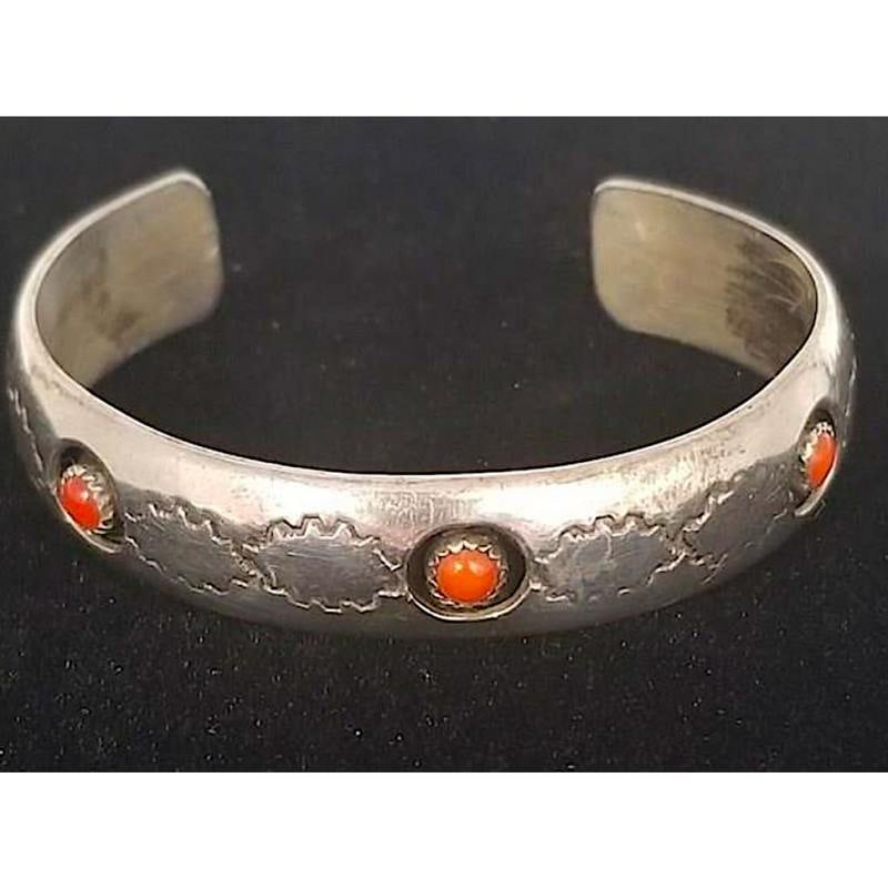 VTG Navajo Mediterranean Coral Cuff Bracelet ShadowBox Ingot Sterling Silver (1 of 4)