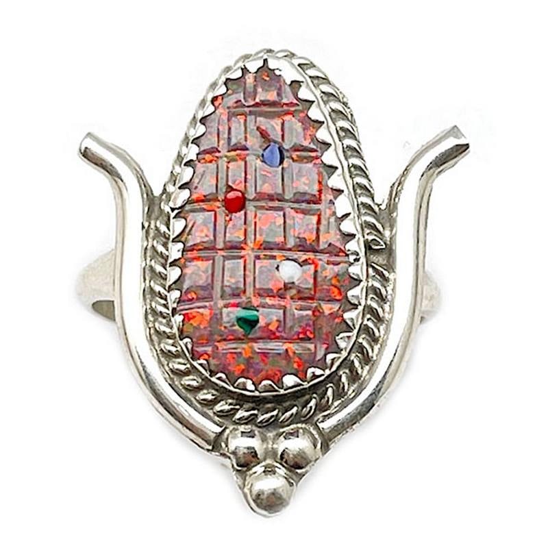 Zuni Opal Corn Maize Ring - Sterling -T. Bowekaty - Size 7.5 (1 of 4)