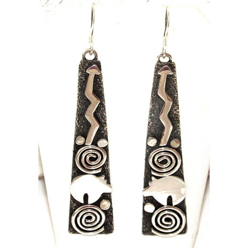Navajo Alex Sanchez Petroglyph Dangle Earrings Sterling Silver 3" (1 of 3)