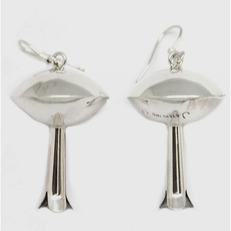 Navajo Squash Blossom Earrings Sterling Silver J. Begay: Wonderful traditional sterling silver Navajo squash blossom dangle earrings by the talented Navajo artist Juan Begay. Sterling silver. The earrings measure about 1 3/4" including sterling french hook 