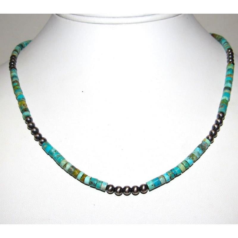 Navajo Rolled Turquoise & Navajo Pearls Heishi Choker Necklace Native 18L: Stunning Navajo Kingman turquoise small rolled beads and sterling silver beads Navajo pearls choker necklace with sterling silver clasp. Measures about 18" long. Rolled turquoise bead color and matrix