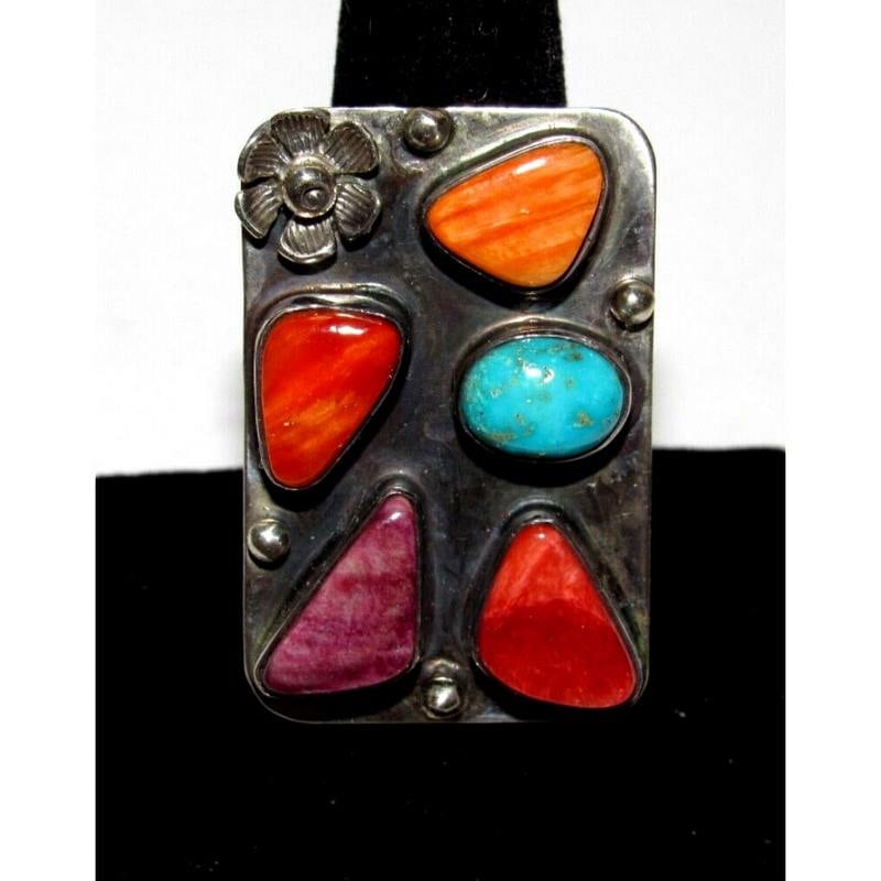Navajo Orange Red Purple Spiny Cluster Ring Turquoise Sz 7.5 Sterling Silver (1 of 7)
