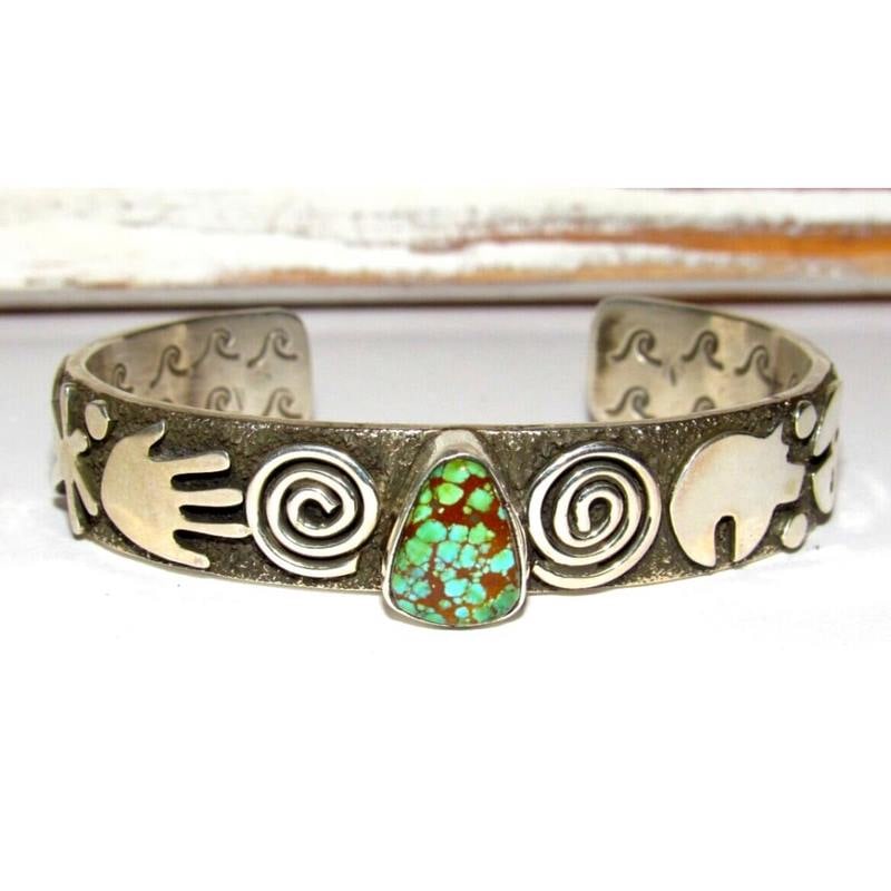 Navajo Alex Sanchez Petroglyphs Cuff Bracelet Number 8 Turquoise Sterling Silver (1 of 10)