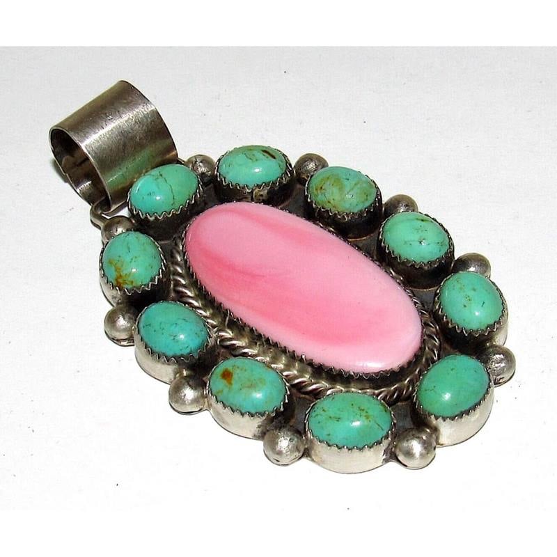 Navajo Pink Conch Cluster Pendant Sterling Silver: Stunning massive Native American Navajo sterling silver, gorgeous pink conch & Royston turquoise cluster pendant by the Navajo artist Max Ramirez. Wonderful craftsmanship, hand etched traditional desi