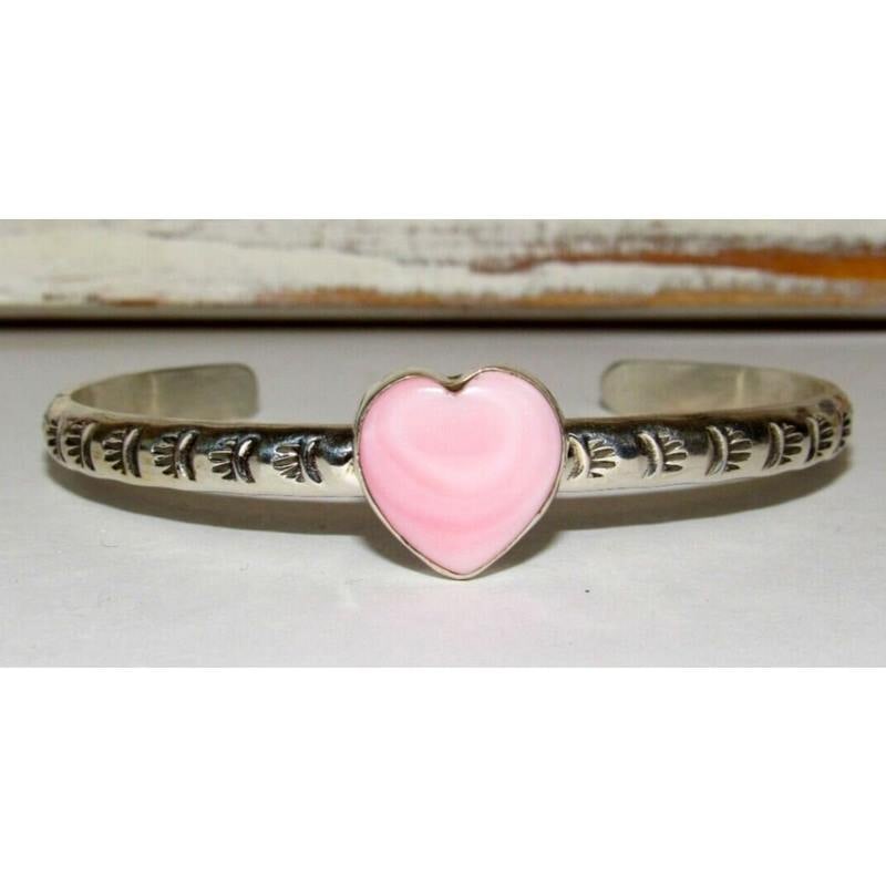 Navajo Pink Conch Heart Bracelet Stacker Sterling Silver Cuff G. Jones (1 of 6)