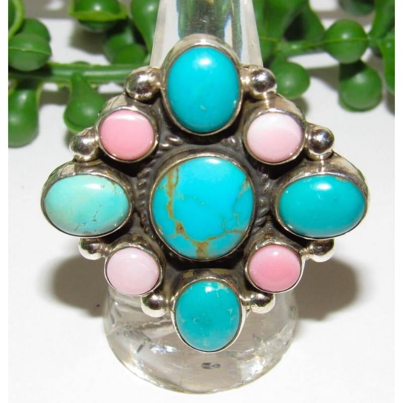 Navajo Turquoise Pink Conch Cluster Ring Adjustable Size Sterling M. James (1 of 4)