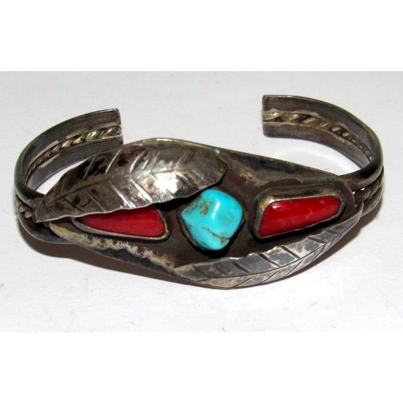 Old Pawn Navajo Turquoise Coral Sterling Silver Cuff Bracelet Native American (1 of 4)