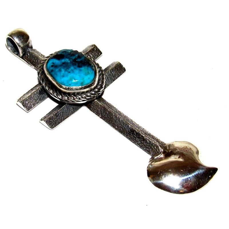 Navajo Tufa Cast Sterling Dragonfly Cross Pendant w Heart Turquoise K Yazzie (1 of 5)