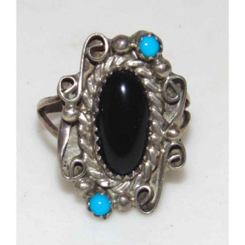 VTG Navajo Onyx Turquoise Ring Size 7 Sterling Silver Benjamin Piasso (1 of 6)