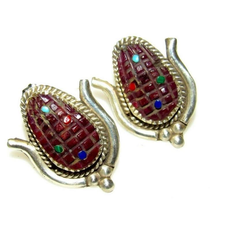Zuni Corn Post Earrings Purple Spiny Oyster Sterling Silver Signed (1 of 4)