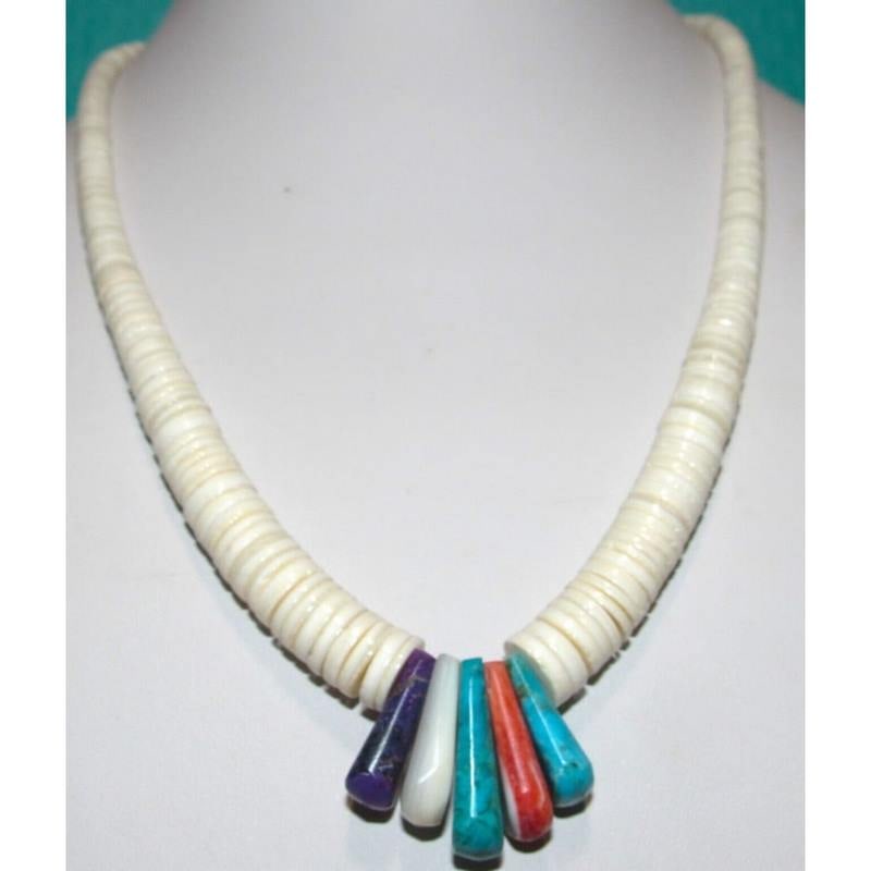 Santo Domingo Lupe Lovato Heishi Necklace White Shell Turquoise Spiny Oyster (1 of 4)