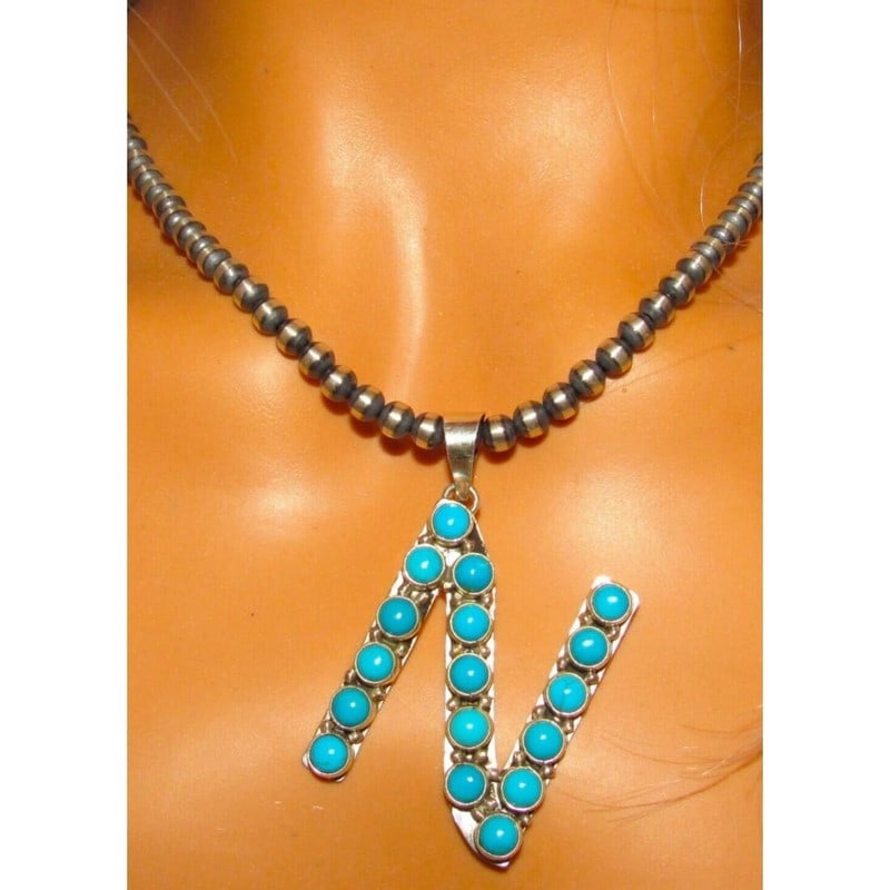 Navajo Turquoise Letter N Pendant Sterling Silver Navajo Pearls Necklace (1 of 6)