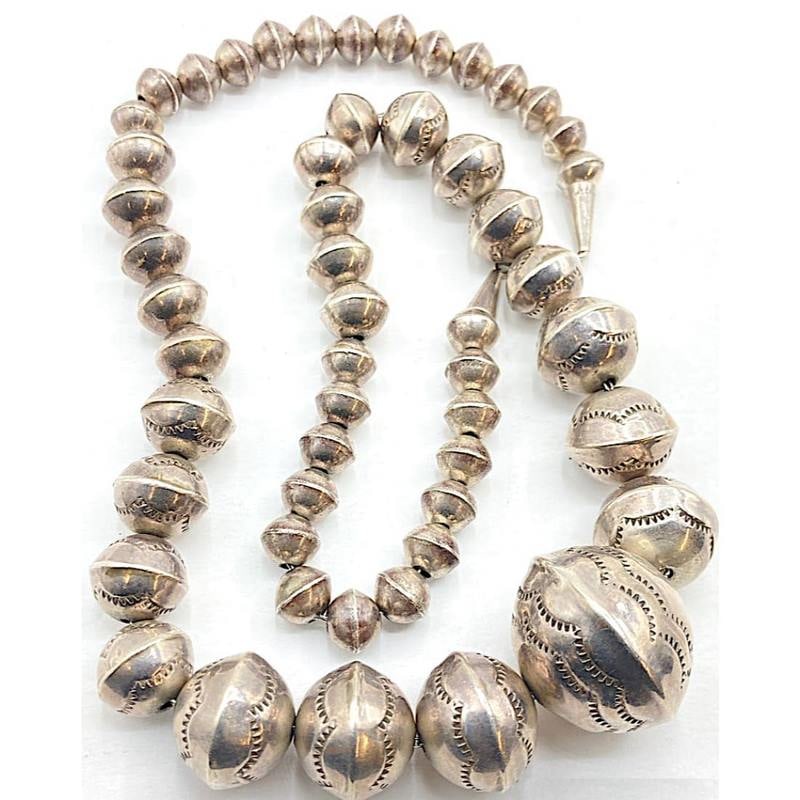 VTG Navajo Pearls Necklace Hand Made Hand Stamped Beads Sterling Silver 23" (1 of 6)