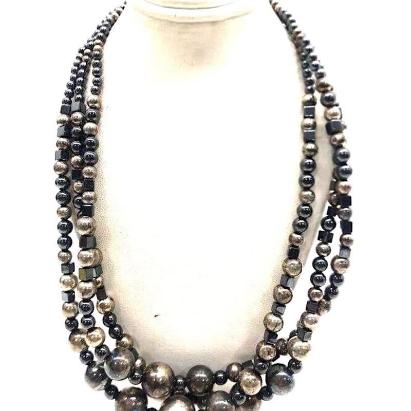 Pre-Eagle Taxco Mexico Necklace Sterling Silver & Hematite Beaded Statement (1 of 6)