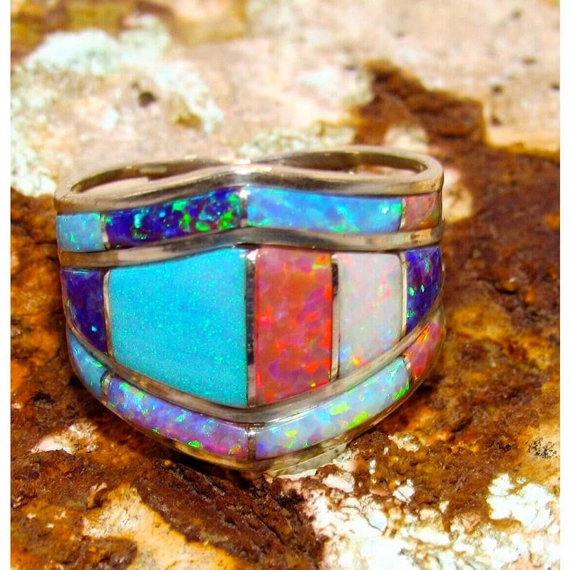 Navajo Multi Color Opal Inlay Ring Size 8 Sterling Silver Native American (1 of 5)