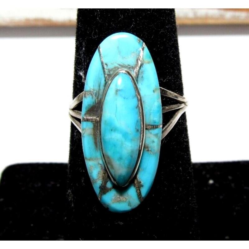 Navajo Royston Turquoise Inlay Ring Size 7 Sterling Silver V. Brown (1 of 7)