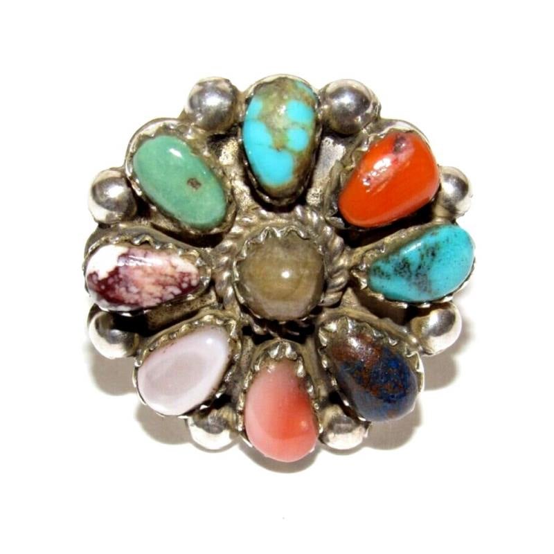 Navajo Turquoise Coral Spiny MOP Cluster Ring Sz 7 Sterling M. Apachito (1 of 5)