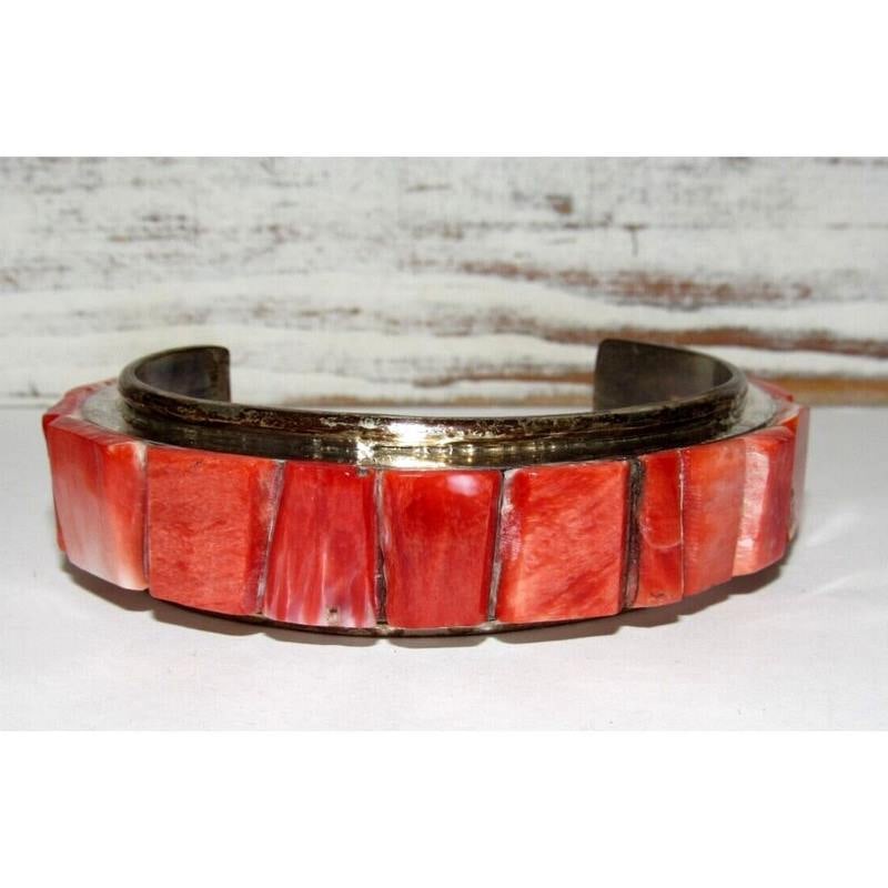 VTG Massive Navajo Cobblestone Inlay Cuff Bracelet Red Spiny Oyster Sterling 7" (1 of 5)