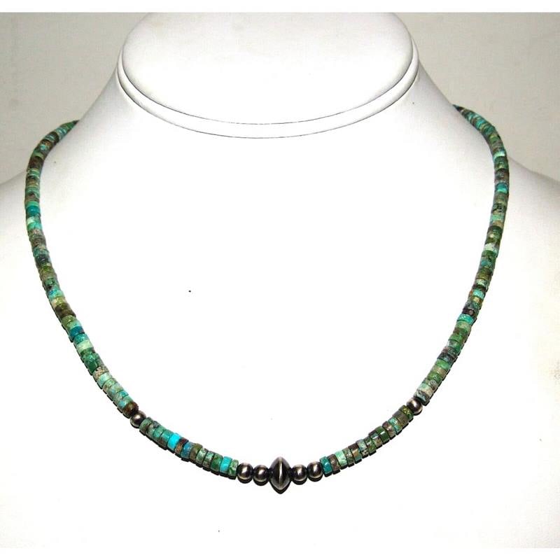 Navajo Rolled Turquoise & Navajo Pearls Heishi Choker Necklace Native 18L: Stunning Navajo Kingman turquoise small rolled beads and sterling silver beads Navajo pearls choker necklace with sterling silver clasp. Measures about 18" long. Rolled turquoise bead color and matrix