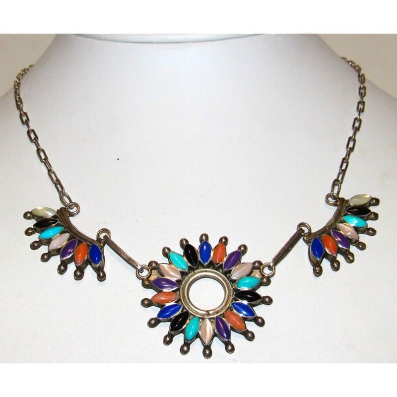 VTG Zuni Petit Point Turquoise Sugilite Lapis Coral Necklace Sterling Silver: For your consideration is this spectacular vintage Native American Zuni sterling silver and gorgeous multi stone necklace. This fabulous example of vintage Zuni jewelry features a classic petit point
